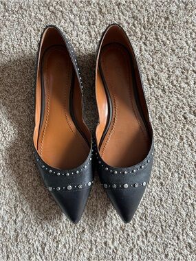 Coach Studded Tea Rose Black Leather Skimmer Pointed Flat Shoes Size 8